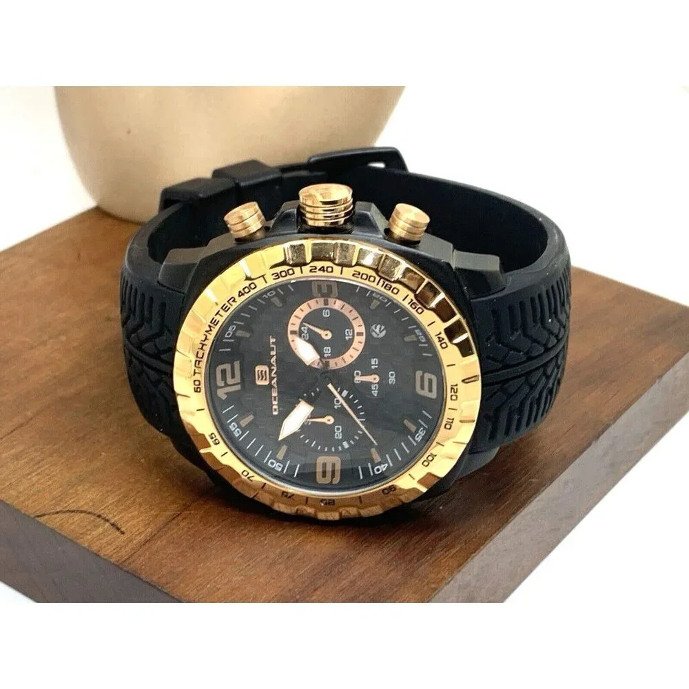 Oceanaut Men's Watch OC1121 Quartz Chronograph Gold Black Dial Rubber Band 47mm